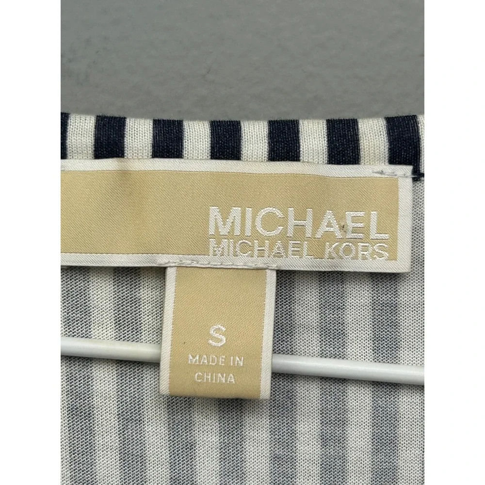 Michael Kors Top Womens Small Blue White Striped Peplum Long Sleeve Crew Neck